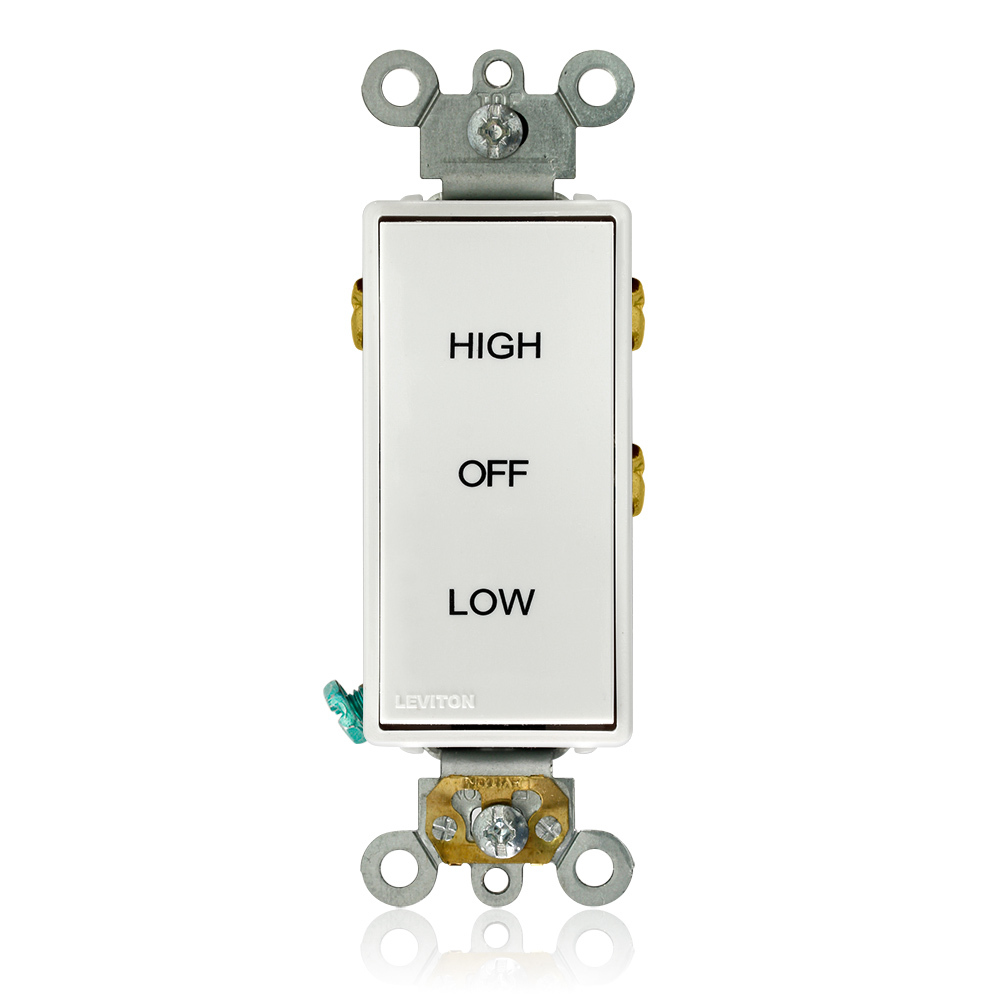Decora Plus Switch, Single Pole, Double Throw, Maintained Contact, Center Off, 15A-120/277VAC, White, Quite Rocker Imprinted With 'High Off Low' Side And Back Wired, Mounting Screws And Washers, Ground Screw, Ears, UL And CSA. Wiring Instruction Is Not Included.