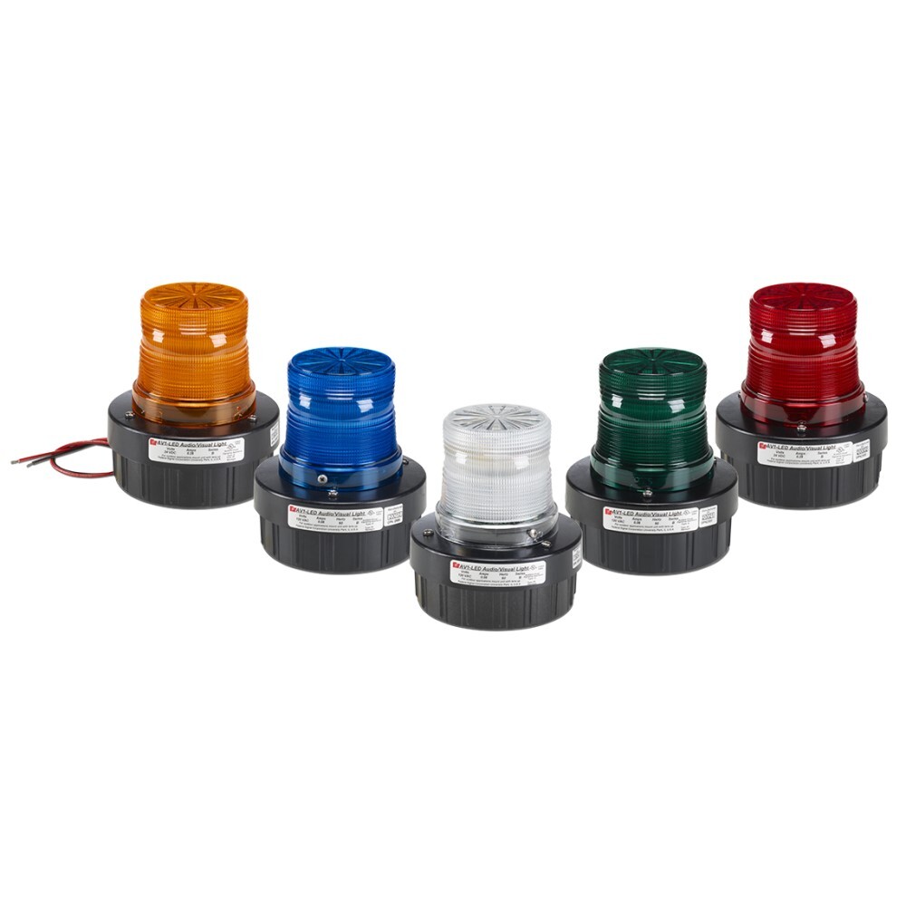 LED Flashing Combination Audible/Visual Signal, 24VDC, Red - Available in 24VDC and 120VAC. 50,000 hour LED light source. Surface mount, integrated 1/2-inch NPT pipe mount and 4-inch electrical box mount. Five lamp/lens colors: Amber, Blue, Clear, Green and Red. Twist-off lens for easy access. Internal buzzer produces 85 dBA at 10 feet (95 dBA at 1m). PLC compatible. Type 3R enclosure. UL and cUL Listed.