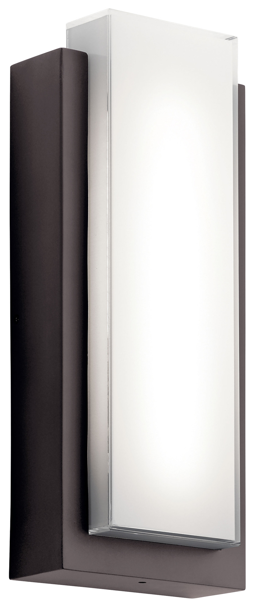 The Dahlia 18.75in; LED outdoor wall light with white glass Architectural Bronze finish. The Dahlia features a sophisticated, crisp edge detail giving a contemporary look.