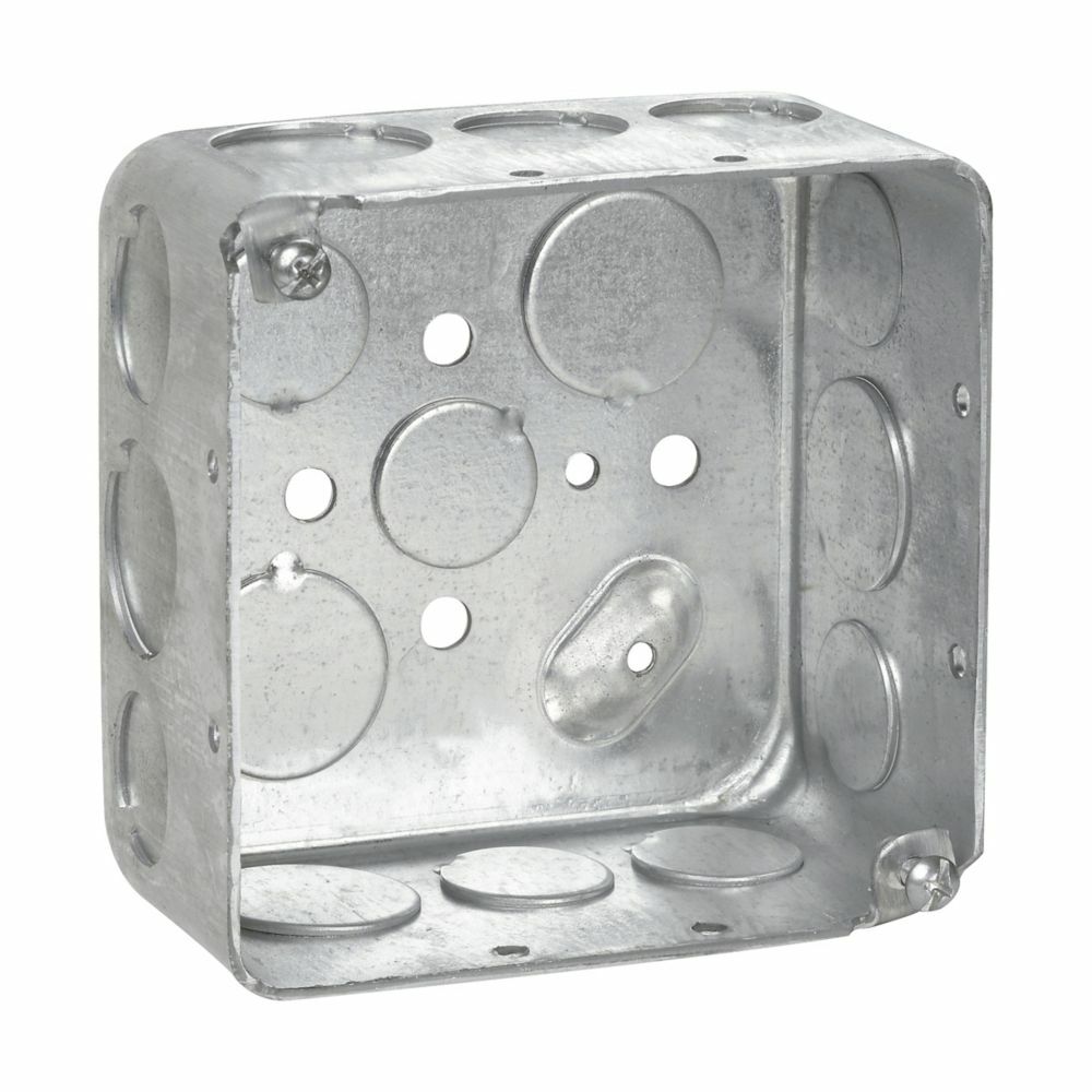 Eaton Crouse-Hinds series Square Outlet Box, (3) 1/2", (2) 3/4", 4", Conduit (no clamps), Drawn, 2-1/8", Steel, (8) 1/2", (4) 3/4", 30.3 cubic inch capacity