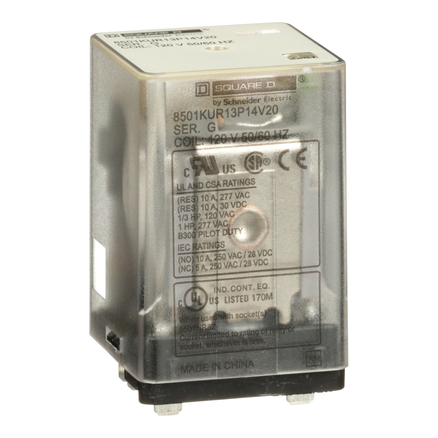 Relay, Harmony 8501K, 3PDT, 11 blades, LED, coil, 10A resistive at 120V AC, 120V AC, 0.5 HP at 240V AC, 3NO + 3NC