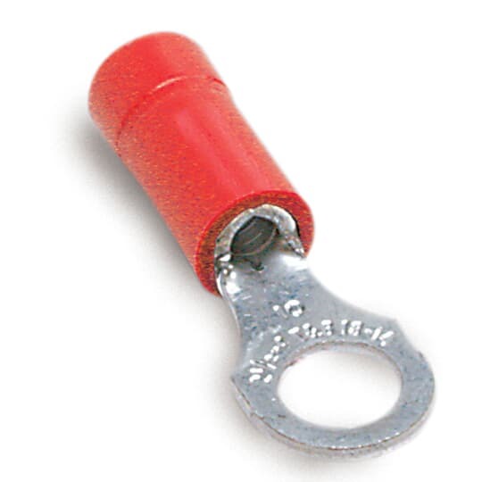 Vinyl-Insulated Ring Terminal, Length .97 Inches, Width .31 Inches, Maximum Insulation .150, Bolt Hole #10, Wire Range #22-#16 AWG, Color Red, Copper, Tin Plated