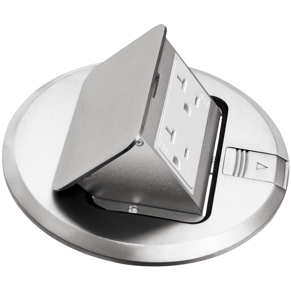 Brass Pop up receptacle cover. Decorator style 15amp receptacle. metallic nickel.