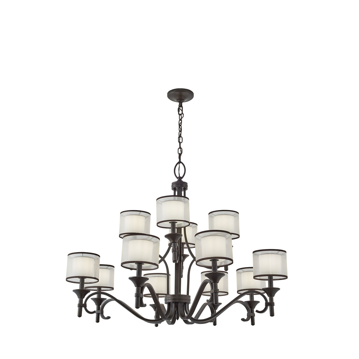 The Lacey(TM) 32in; 12 light 3 tier chandelier features a classic look with its Venetian detail of curves in Mission Bronze finish and satin etched cased opal inner diffusers and light umber translucent organza outer shade. The Lacey chandelier is perfect in several aesthetic environments, including transitional and traditional.