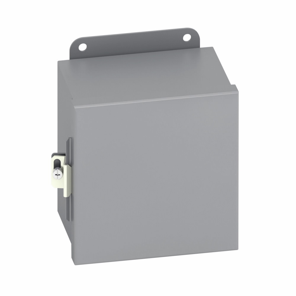 Eaton B-Line series JIC panel enclosure, 8" height, 4" length, 8" width, NEMA 12, Hinged cover, 12CHC enclosure, Wall mount, Small single door, External mounting feet, Carbon steel, Seamless poured in-place gasket