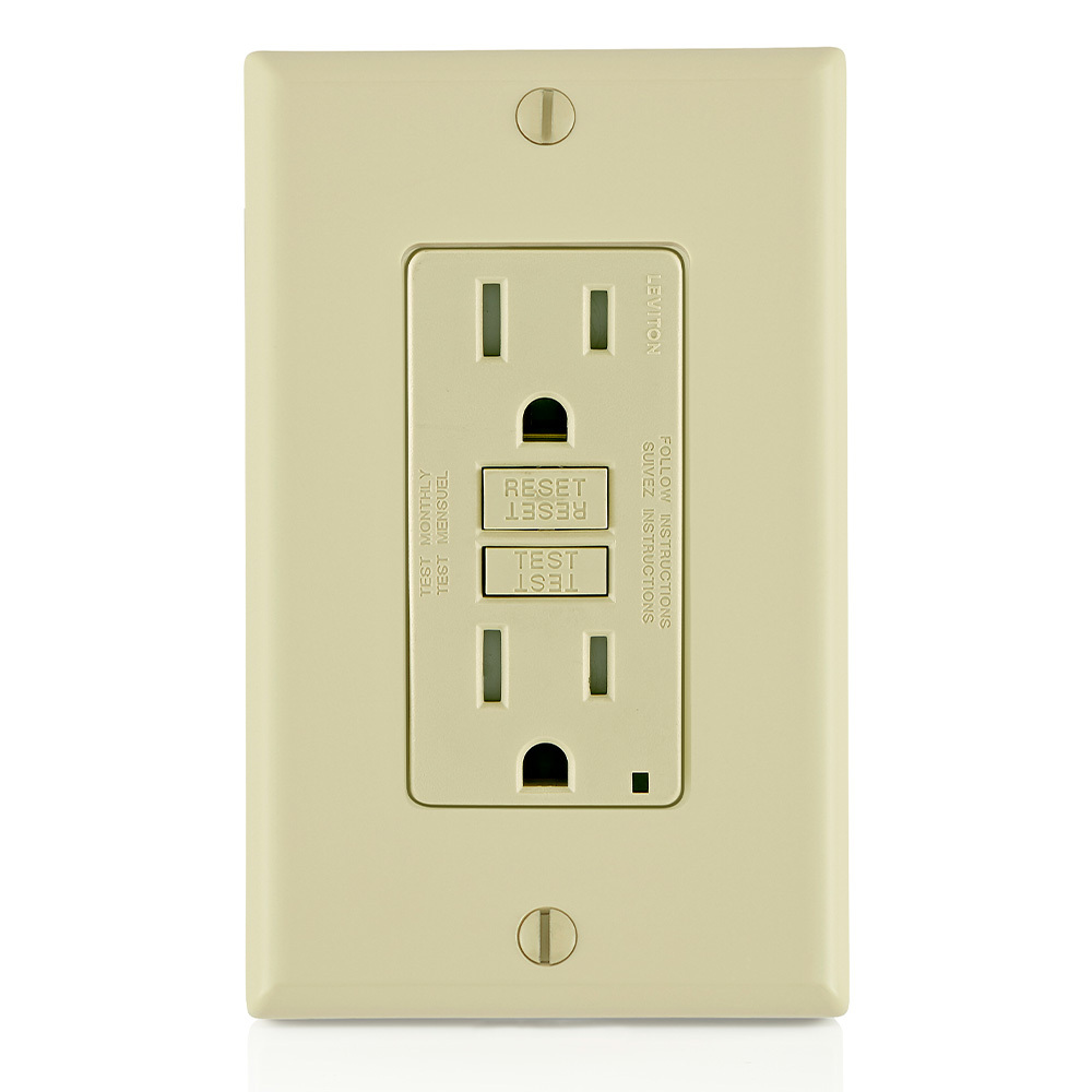 Self-Test Slim Tamper Resistant GFCI Receptacle. Nema 5-15R 15A-125V At Receptacle, 20A-125V Feed-through. Lighted - Ivory With Ivory Test And Reset Button.