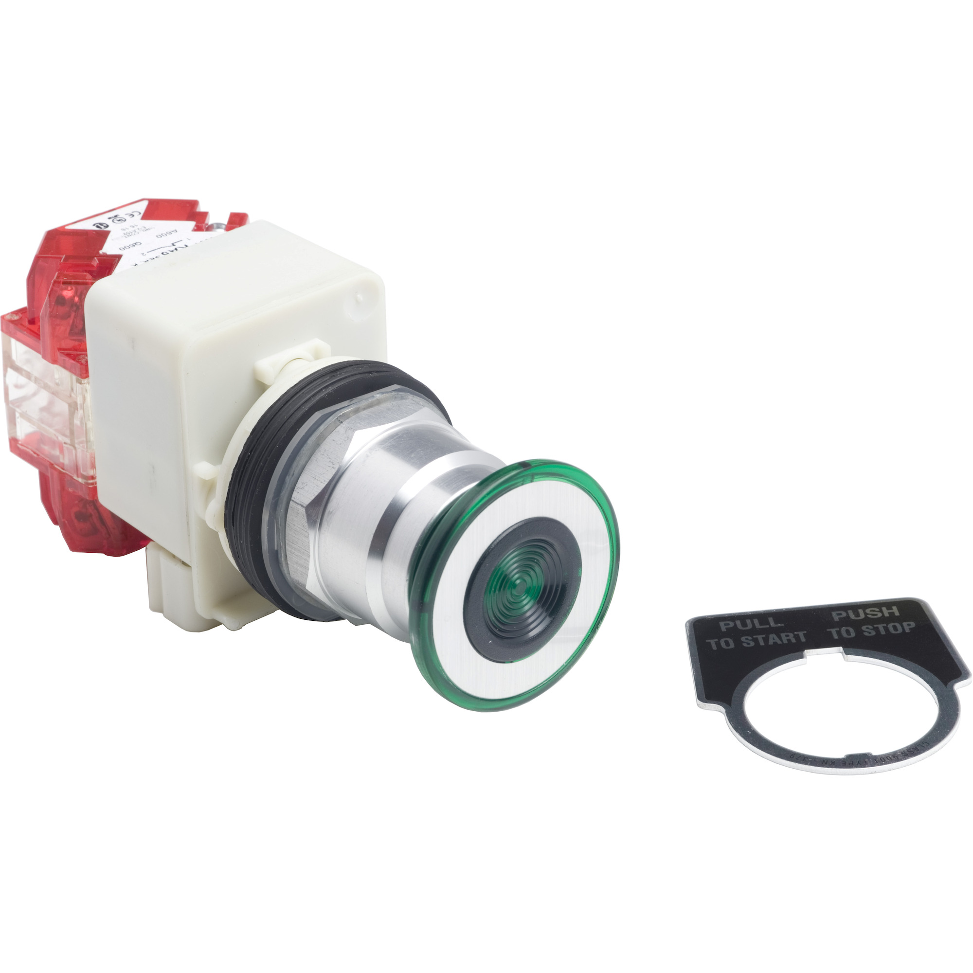 30mm push button, Type K, green illuminated momentary push pull mushroom, 120VAC green LED, 1NO/1NC contact, NEMA 4, 13