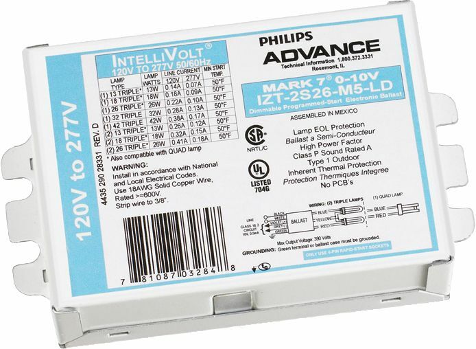 Signify Lighting, Ballast, Mark 7, eFluo Dim, Min Start Temp 50C, Amps 0.39A, Average Life 43800HRS, Volts 120-277V, Watts 26W, Dimmable, Number of Lamps 2, Ballasts Factor 1PCT, Input Frequency 50/60HZ, Programmed Start Yes, Certifications are UL, ISO, FCC