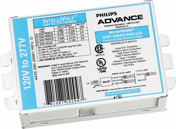 Signify Lighting, Ballast, Centium/Smartmate, eFluo Fix, Min Start Temp 50C, Amps 0.43A, Average Life 43800HRS, Volts 120-277V, Watts 42W, NON Dimmable, Number of Lamps 2, Ballasts Factor 1PCT, Input Frequency 50/60HZ, Programmed Start Yes, Certifications are UL, ISO, FCC