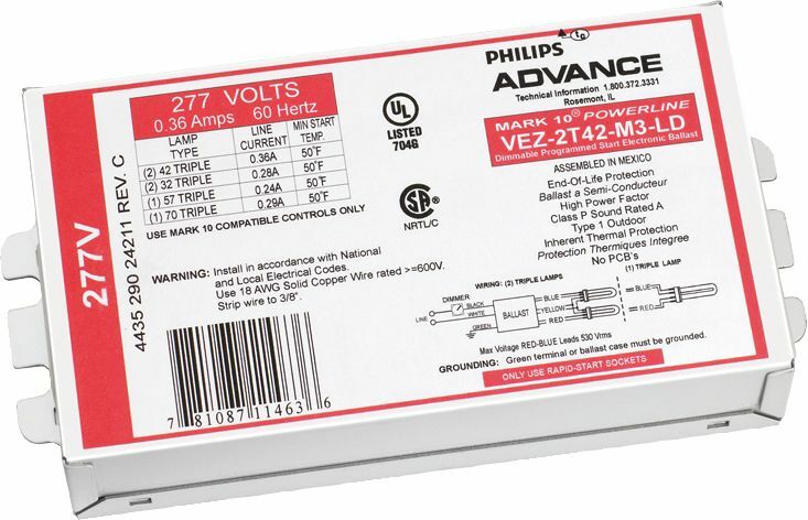 Signify Lighting, Ballast, Mark 10 POWERLINE, eFluo Dim, Min Start Temp 50C, Average Life  43800HRS, Volts 277V, Dimmable, Number of Lamps 2, Ballasts Factor 1PCT, Input Frequency 50/60HZ, Programmed Start Yes, , Certifications are UL, ISO, FCC