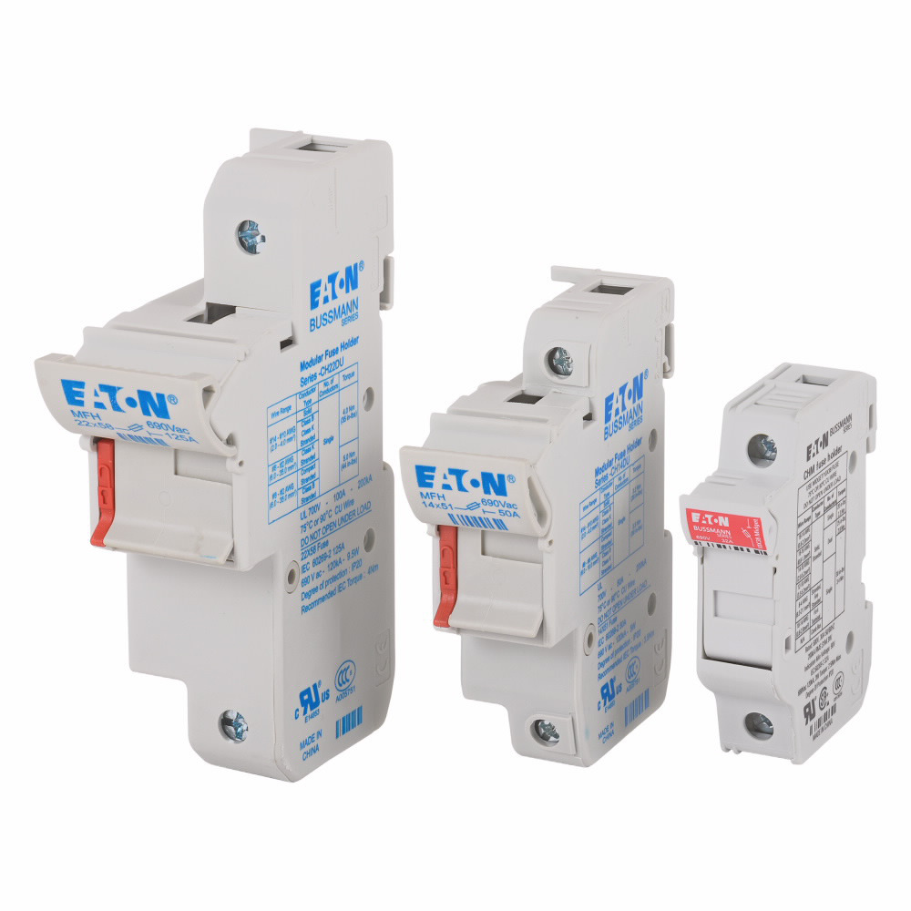 Eaton's Bussmann series 2-Pole modular fuse holder, rated at 690 V a.c./750 V d.c. (IEC), 700 V a.c. (UL), 50 Amps (IEC and UL), fitted with a neon indicator, suitable for 14 x 51 mm Cylindrical fuses