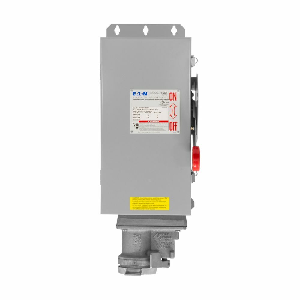 Eaton Crouse-Hinds series Arktite WSRD interlocked receptacle with enclosed safety disconnect switch, 60A, Three-wire, four-pole, Brass contacts, Solid door, Non-fused, Style 2, Cutler-Hammer, 304 stainless steel, Spring door, 480/600 Vac