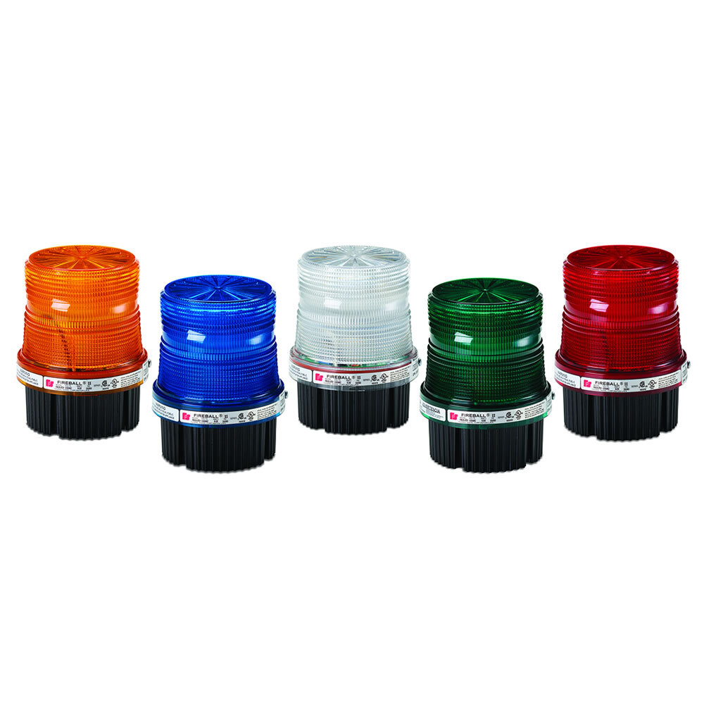 Fireball LED Warning Light, 120-240VAC, Green - Available in 12-24VDC or 120-240VAC. Five lens colors: Amber, Blue, Clear, Green, and Red. 50,000 hour LED. Patented Power Select technology. Three flash pattern options: 60 FPM (default), 120 FPM and steady. Integrated 1/2-inch NPT pipe and surface mounts. Indoor/outdoor use. Conformal coated PCB. Type 4X, IP66 enclosure. IP69K compliant. UL and cUL Listed.
