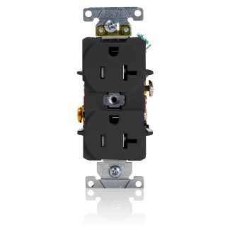 20 Amp, 125 Volt, NEMA 5-20R, 2P, 3W, Duplex Receptacle, Tamper-Resistant, Straight Blade, Fed Spec, Heavy Duty Industrial Specification Grade, Self-Grounding, Back & Side Wired, Steel Strap  BLACK