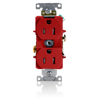 15 Amp, 125 Volt, NEMA 5-15R, 2P, 3W, Duplex Receptacle, Tamper-Resistant, Straight Blade, Fed Spec, Heavy Duty Industrial Specification Grade, Self-Grounding, Back & Side Wired, Steel Strap  RED
