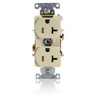 20 Amp, 125 Volt, NEMA 5-20R, 2P, 3W, Duplex Receptacle, Tamper-Resistant, Straight Blade, Fed Spec, Heavy Duty Industrial Specification Grade, Self-Grounding, Back & Side Wired, Steel Strap  IVORY