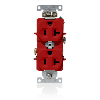 20 Amp, 125 Volt, NEMA 5-20R, 2P, 3W, Duplex Receptacle, Indented Face, Straight Blade, Fed Spec, Heavy Duty Industrial Specification Grade, Self-Grounding, Back & Side Wired, Steel Strap  RED