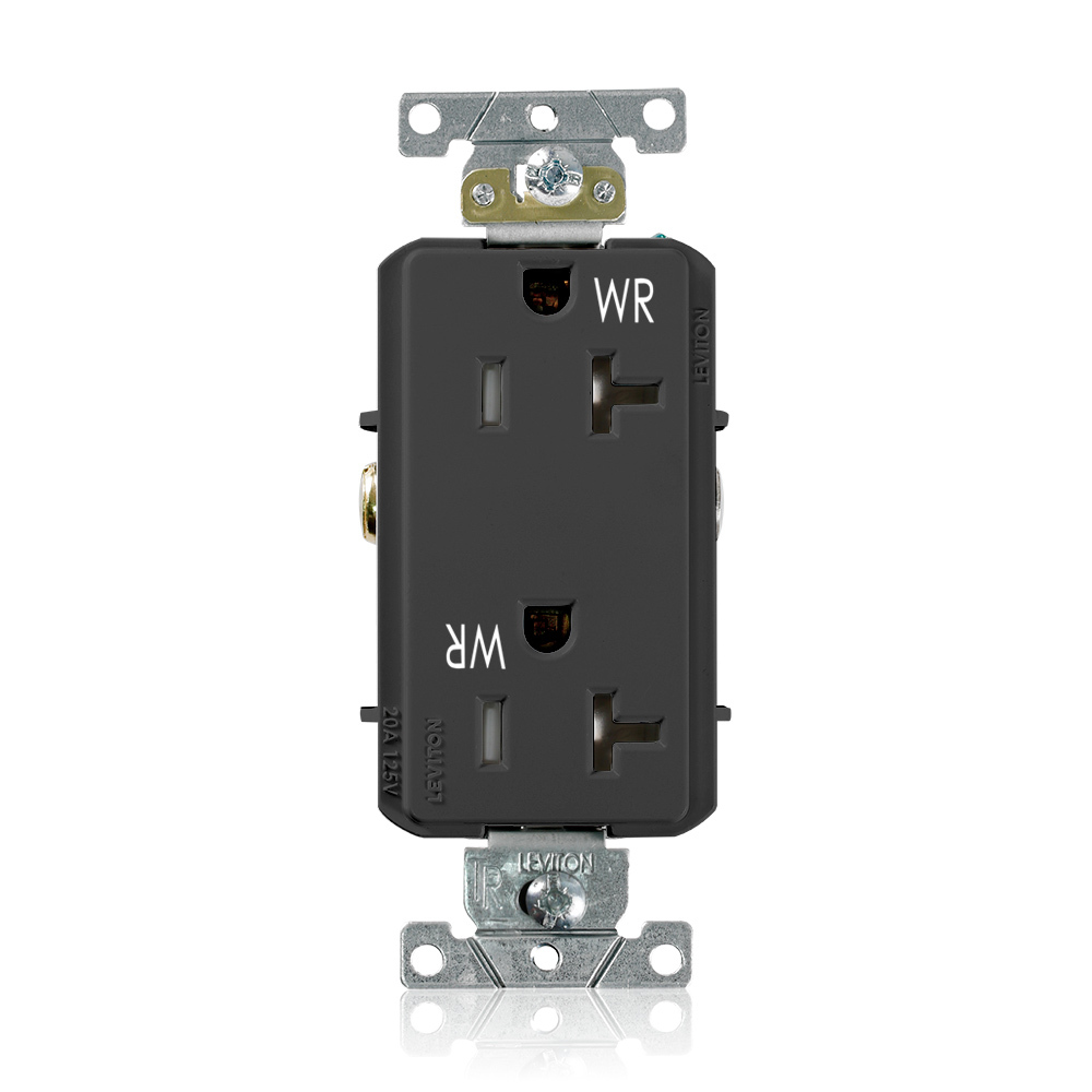 20 Amp, 125 Volt, NEMA 5-20R, 2P, 3W,Decora Plus DuplexReceptacle, Straight Blade, Fed Spec, Heavy Duty Industrial Specification Grade, Weather-Resistant, Tamper-Resistant, Self-Grounding, Back & Side Wired, Steel Strap  BLACK