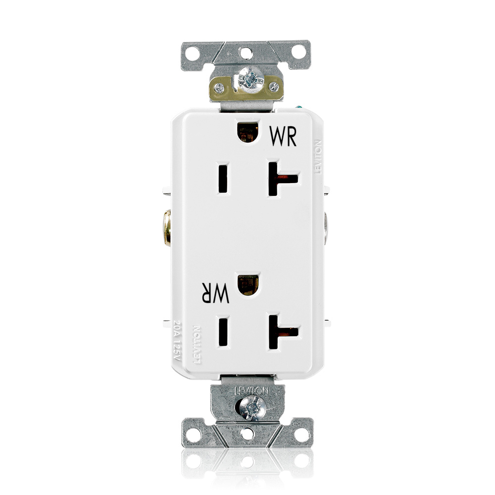 20 Amp, 125 Volt, NEMA 5-20R, 2P, 3W,Decora Plus DuplexReceptacle, Straight Blade, Fed Spec, Heavy Duty Industrial Specification Grade, Weather-Resistant, Self-Grounding, Back & Side Wired, Steel Strap  WHITE