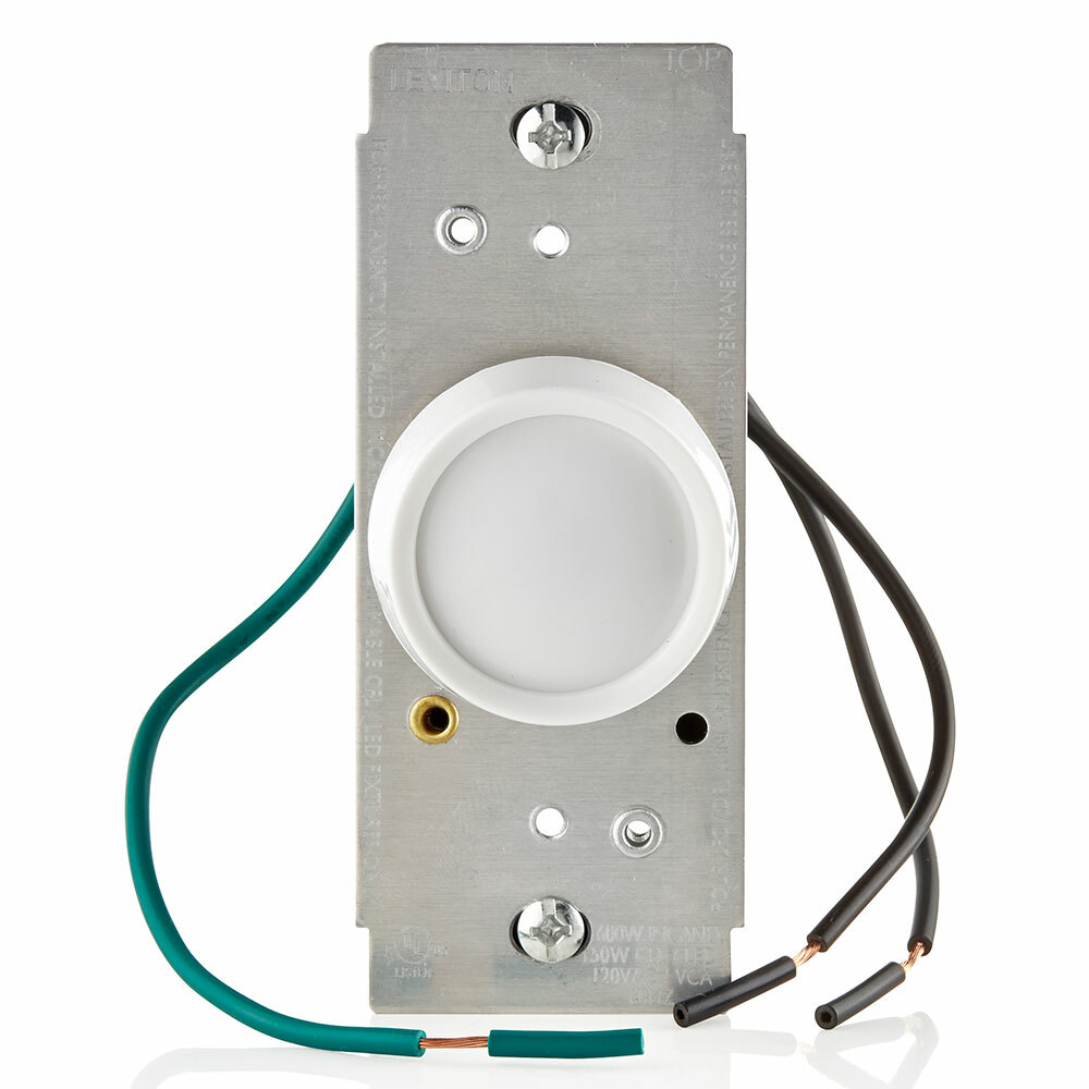 Universal Rotary Dimmer, Turn On/off, Single Pole, 600W - 120VAC Incandescent 150W LED/CFL. White Knob Assembled, Ivory And Lt Almond Knobs Included. Two Black Leads, One Green Ground Lead, (2) Mounting Screws Mounted To Strap With Retaining Washers,