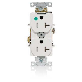 Duplex Receptacle, Tamper-resistant, Hospital Grade, 2-Pole 3-Wire Grounding, NEMA 5-20R, 20A-125V, Flat Face, Back And Side Wired, White. 1-piece Ground-Contractor Pack