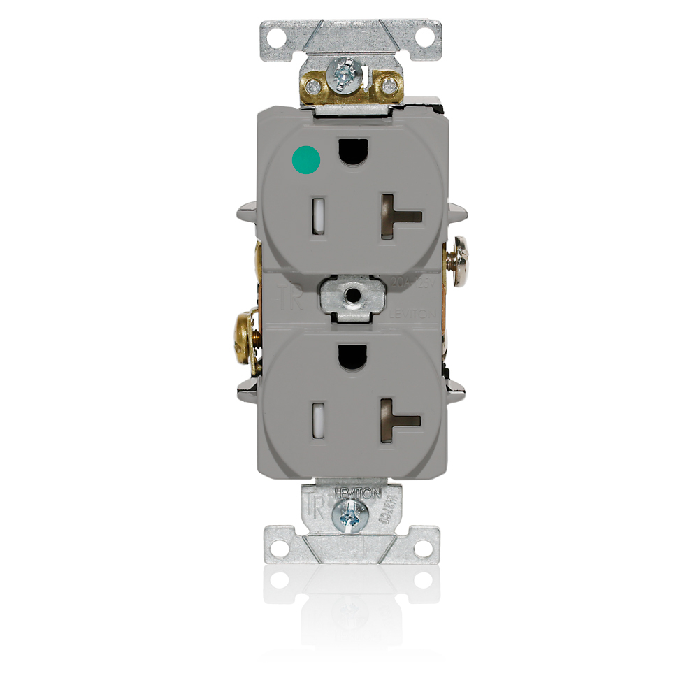Duplex Receptacle Outlet, Heavy-Duty Hospital Grade, Tamper-Resistant, Smooth Face, 20 Amp, 125 Volt, Back or Side Wire, NEMA 5-20R, 2-Pole, 3-Wire, Self-Grounding - Gray
