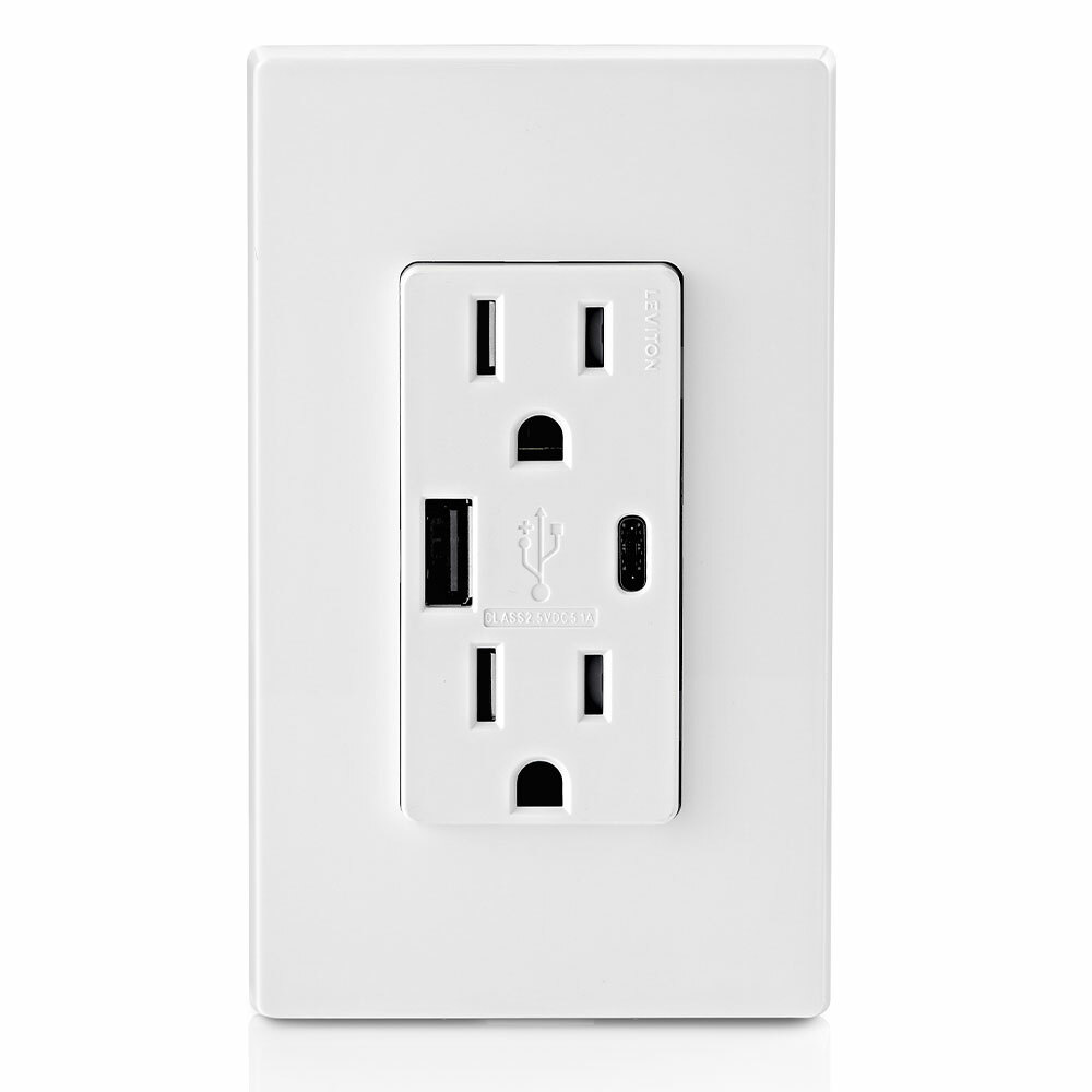 Combination Duplex Receptacle/Outlet and USB Charger. 15 Amp, 125 Volt, Decora Tamper Resistant Receptacle/Outlet, NEMA 5-15R. 5.1 Amps, 5VDC, 2.0 Type A and Type-C USB Chargers. Grounding, Side Wired & Back Wired - White