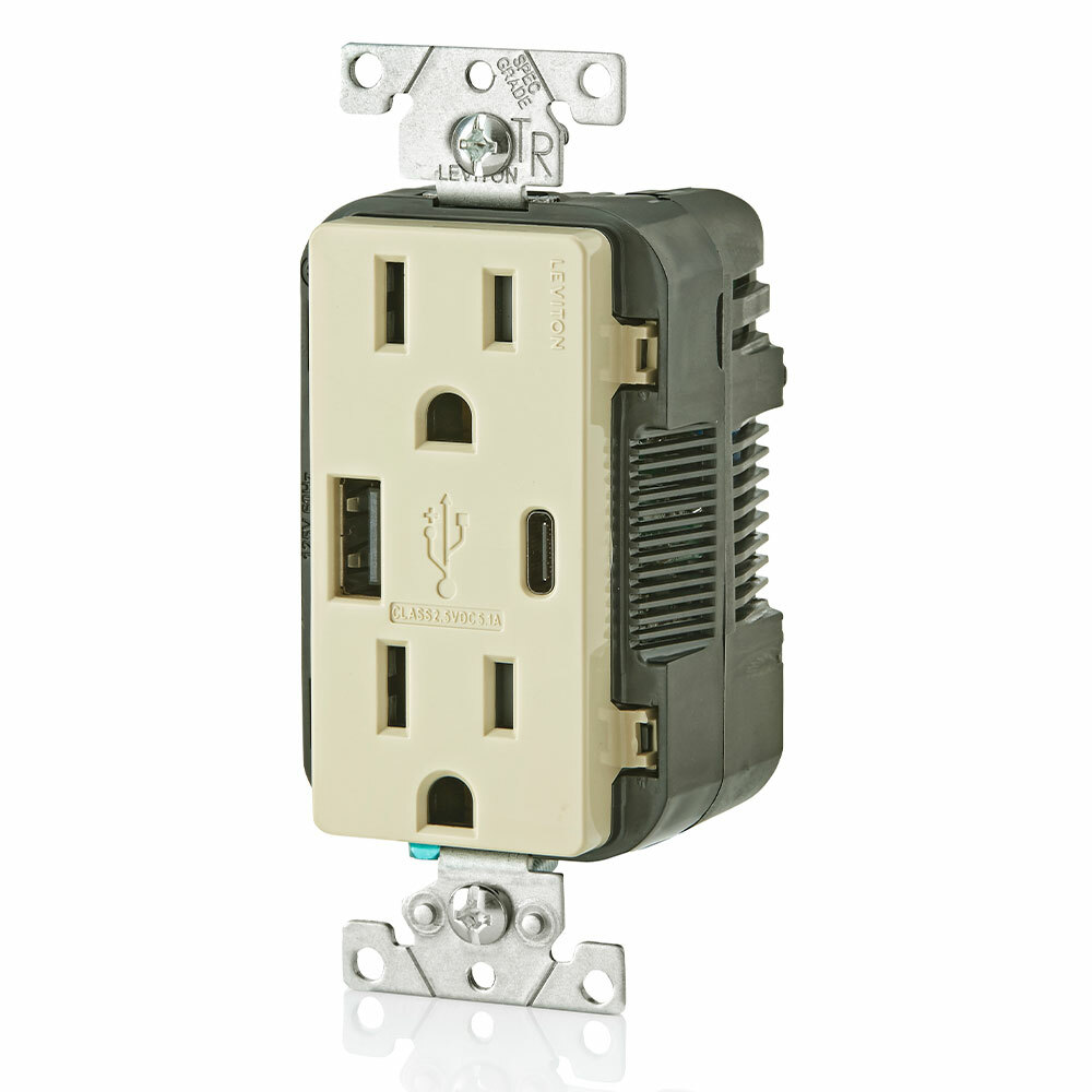 Combination Duplex Receptacle/Outlet and USB Charger. 15 Amp, 125 Volt, Decora Tamper Resistant Receptacle/Outlet, NEMA 5-15R. 5.1 Amps, 5VDC, 2.0 Type A and Type-C USB Chargers. Grounding, Side Wired & Back Wired - Ivory