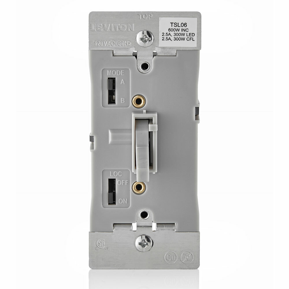 Universal Dimmable LED, CFL, Incandescent and Halogen Toggle-Slide Dimmer, 600W-120VAC Incandescent, 300W-120VAC 60Hz, Single Pole and 3-Way - Gray