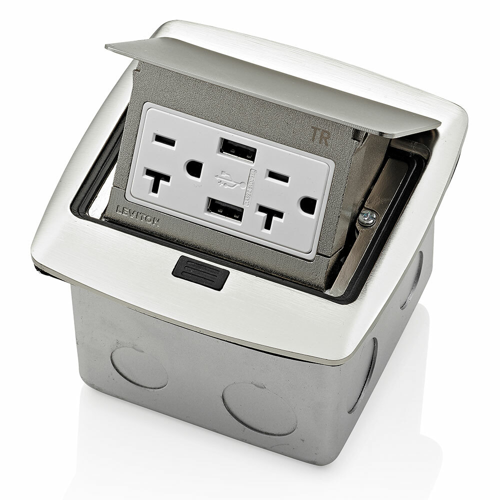 Pop-Up Floor Box with Combination Duplex Receptacle Outlet and USB charger.  20 Amp, 125 Volt, Decora Tamper-Resistant Receptacle Outlet, NEMA 5-20R, 3.6 Amps, 5VDC, 2.0 Type A USB Charger that is Pre-Wired to Terminal Block - Brushed Nickel