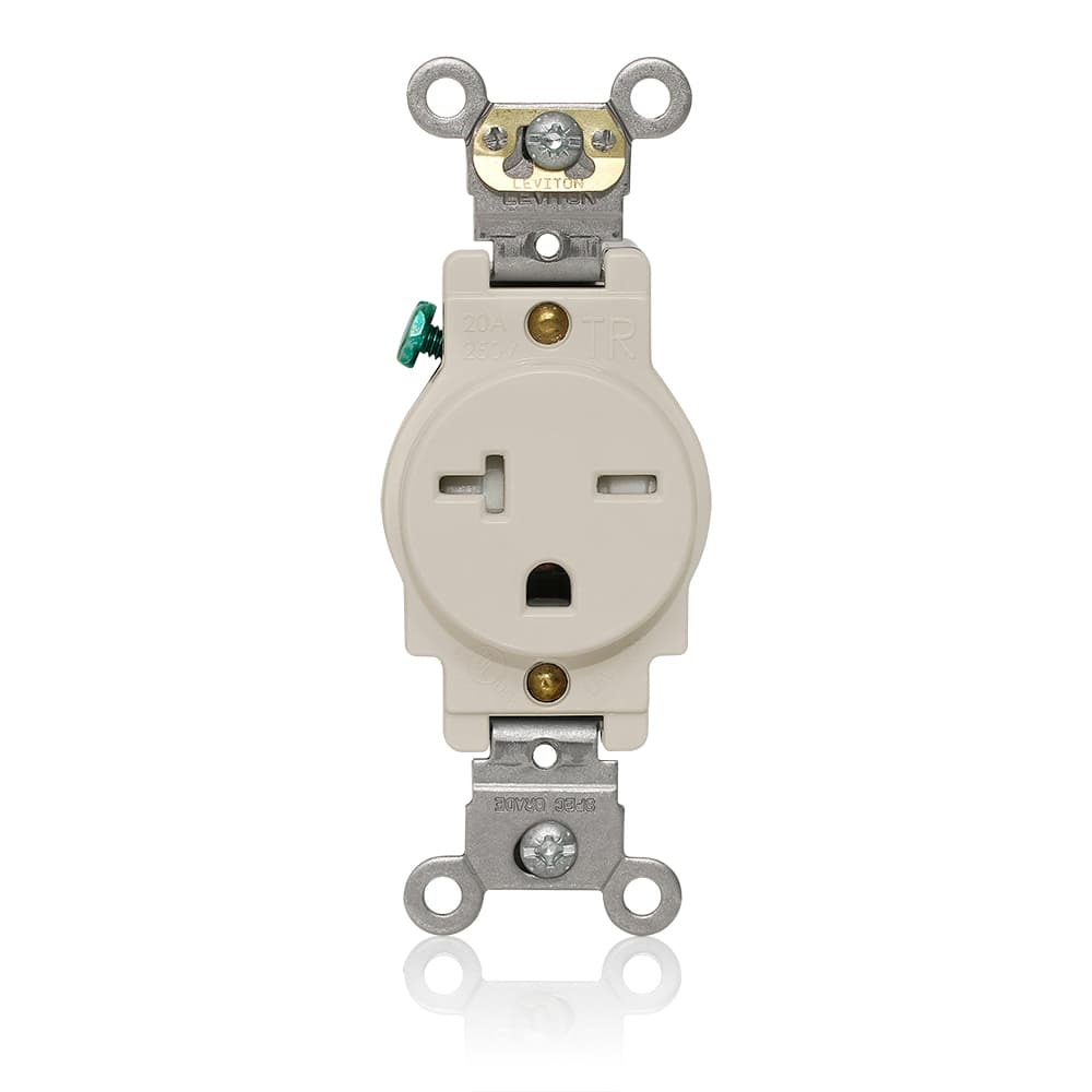 Single Receptacle Outlet, Heavy-Duty Industrial Specification Grade, Tamper-Resistant, Smooth Face, 20 Amp, 250 Volt, Back and Side Wire, NEMA 6-20R, 2-Pole, 3-Wire, Self-Grounding - Light Almond
