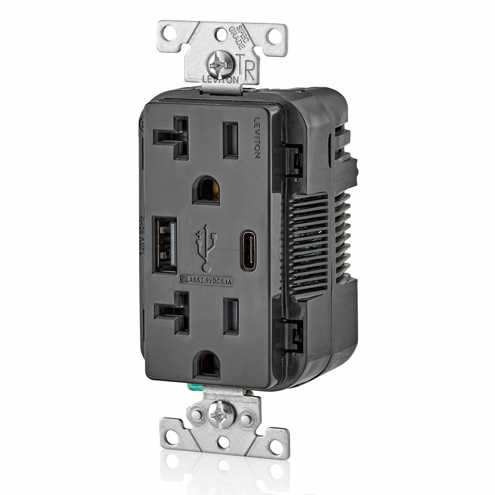 Combination Duplex Receptacle-Outlet and USB Charger. 20 Amp, 125 Volt, Decora Tamper-Resistant Receptacle-Outlet, NEMA 5-20R. 5.1 Amps, 5VDC, 2.0 Type A and Type-C USB Chargers. Grounding, Side Wired, Back Wired - Black