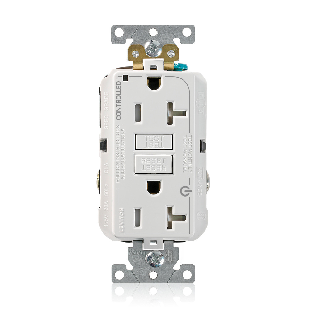 2 Plug Marked Controlled SmartlockPro GFCI Decora Duplex Receptacle Outlet, Extra Heavy-Duty Industrial Grade Tamper-Resistant, Power Indication, 20 Amp, 125 Volt, Back or Side Wire, NEMA 5-20R, 2-Pole, 3-Wire, Self-Grounding, White