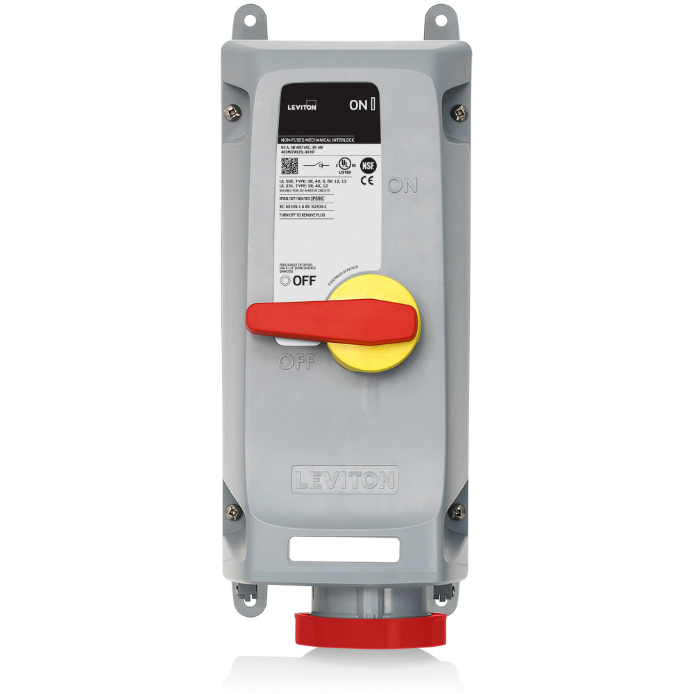 60 Amp, 480 Volt 3-Phase, 3P, 4W, LEV Series North American-Rated IEC 60309-1 & 60309-2 Pin & Sleeve Mechanical Interlock, Industrial Grade, IP66/IP67/IP68/IP69/IP69K, Watertight, Non-Fused - Red