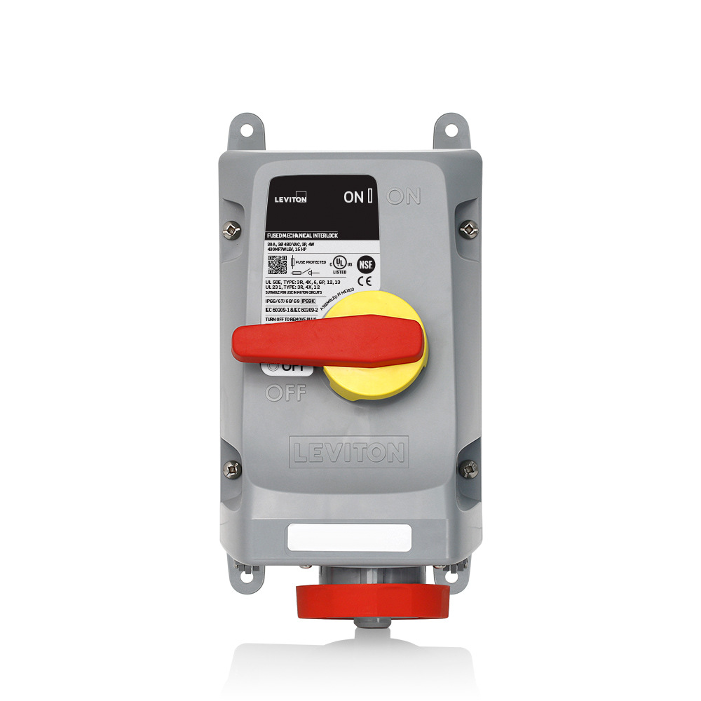 30 Amp, 480 Volt 3-Phase, 3P, 4W, LEV Series North American-Rated IEC 60309-1 & 60309-2 Pin & Sleeve Mechanical Interlock, Industrial Grade, IP66/IP67/IP68/IP69/IP69K, Watertight, Fused - Red