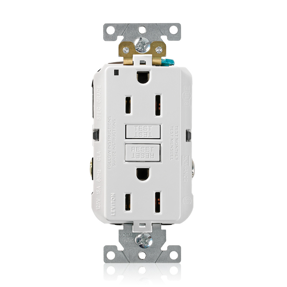 SmartlockPro Self-Test GFCI Duplex Receptacle Outlet, Extra Heavy-Duty Industrial Specification Grade, 15 Amp,125 Volt, Back or Side Wire, NEMA 5-15R, 2-Pole, 3-Wire, Self-Grounding - White