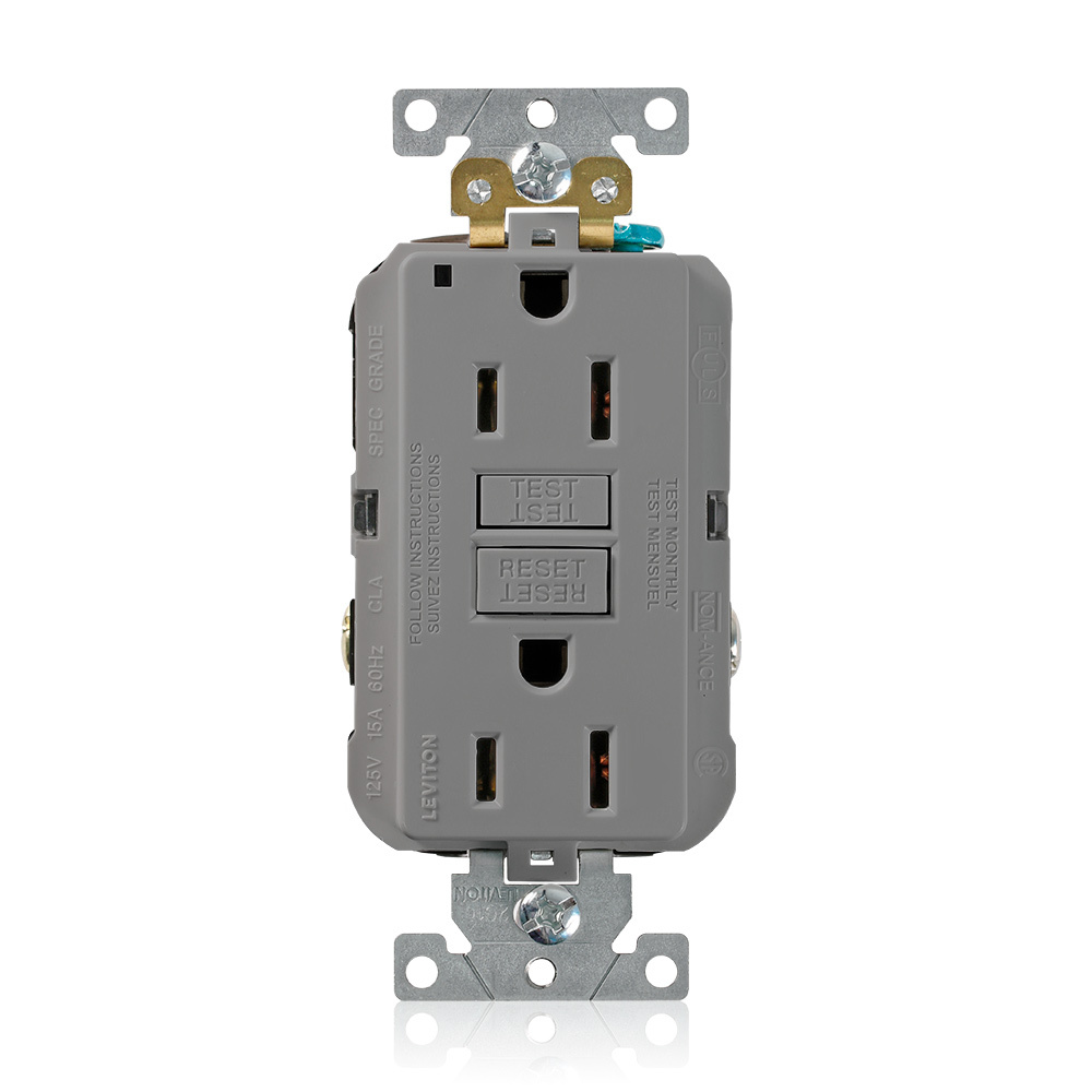 SmartlockPro Self-Test GFCI Duplex Receptacle Outlet, Extra Heavy-Duty Industrial Specification Grade, 15 Amp,125 Volt, Back or Side Wire, NEMA 5-15R, 2-Pole, 3-Wire, Self-Grounding - Grey