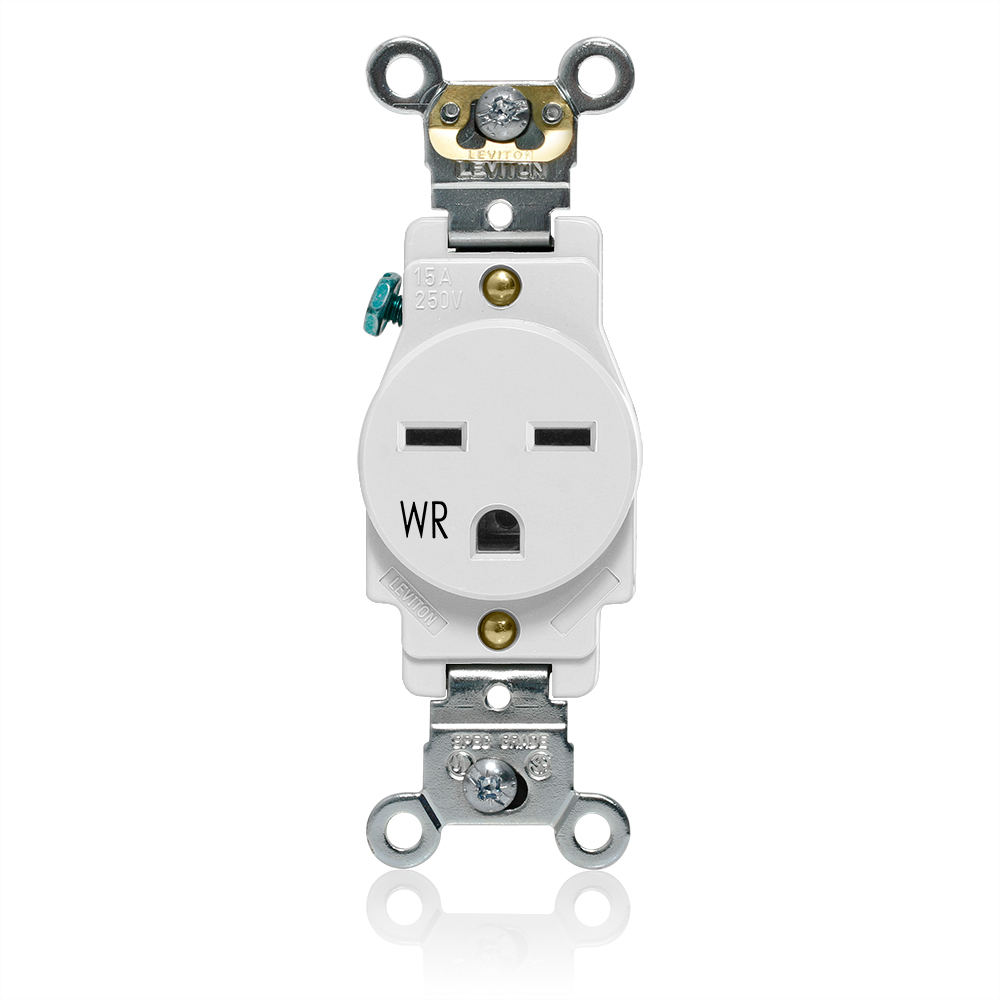 Single Receptacle Outlet, Heavy-Duty Industrial Specification Grade, Weather-Resistant, Smooth Face, 15 Amp, 250 Volt, Back or Side Wire, NEMA 6-15R, 2-Pole, 3-Wire, Self-Grounding - White