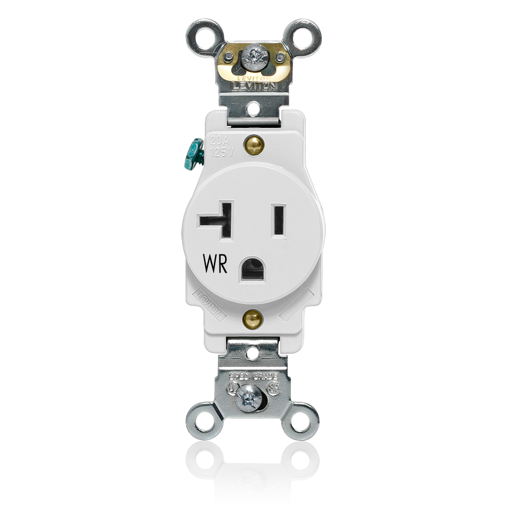Single Receptacle Outlet, Heavy-Duty Industrial Specification Grade, Weather-Resistant, Smooth Face, 20 Amp, 125 Volt, Back or Side Wire, NEMA 5-20R, 2-Pole, 3-Wire, Self-Grounding - White