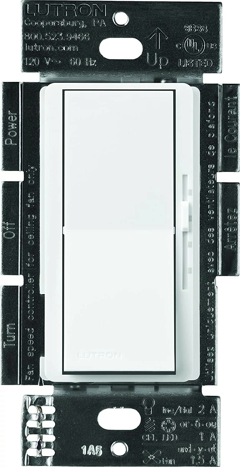 Lutron Diva 3-Speed Fan Control and Light Switch, Single-Pole/3-Way, 1.5A Fan/1A LED, White