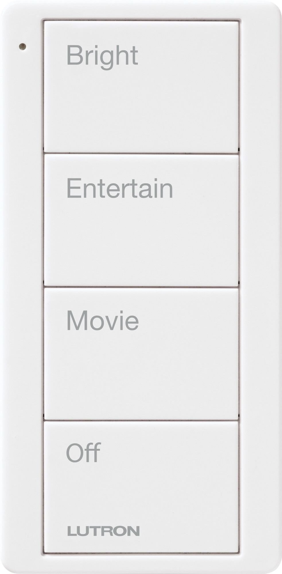 Pico Wireless Control, 4-button, 434 MHz, scene control of lights, family room engraving, in white