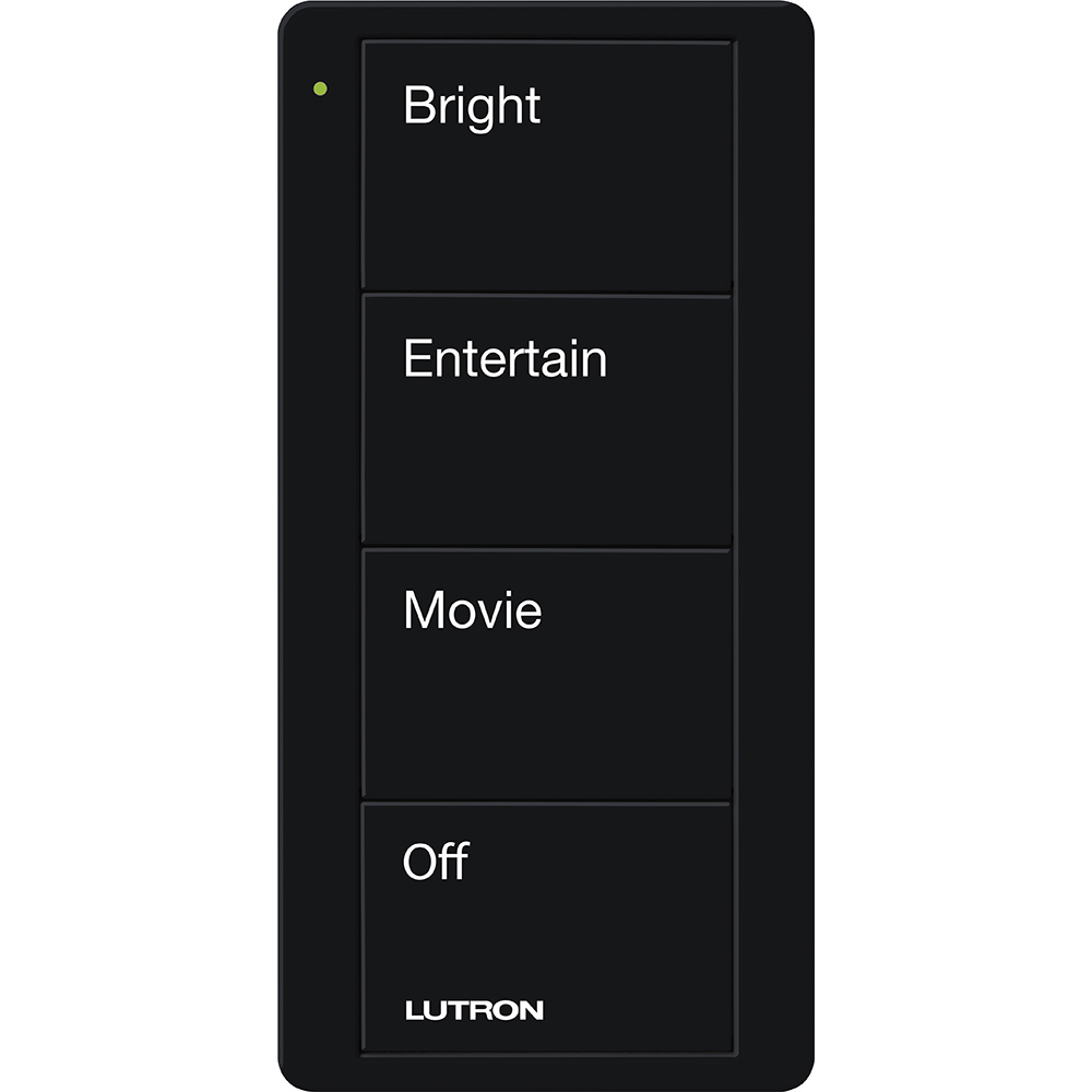 Pico Wireless Control, 4-button, 434 MHz, scene control of lights, family room engraving, in black