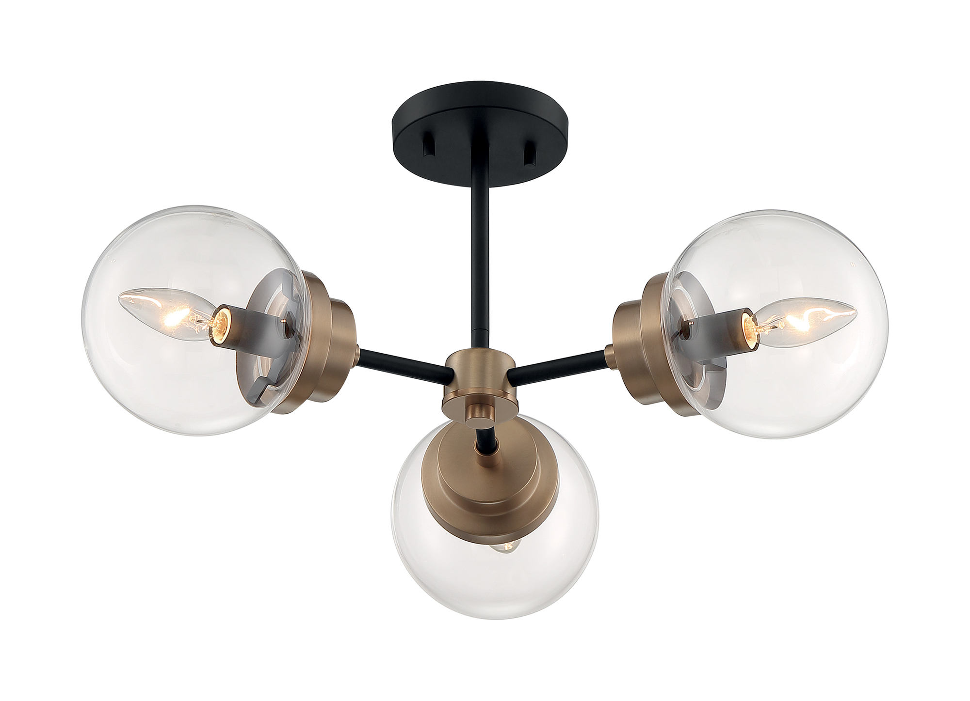 Axis 3-Light Semi-Flush Fixture - Matte Black Finish with Brass Accents Clear Glass