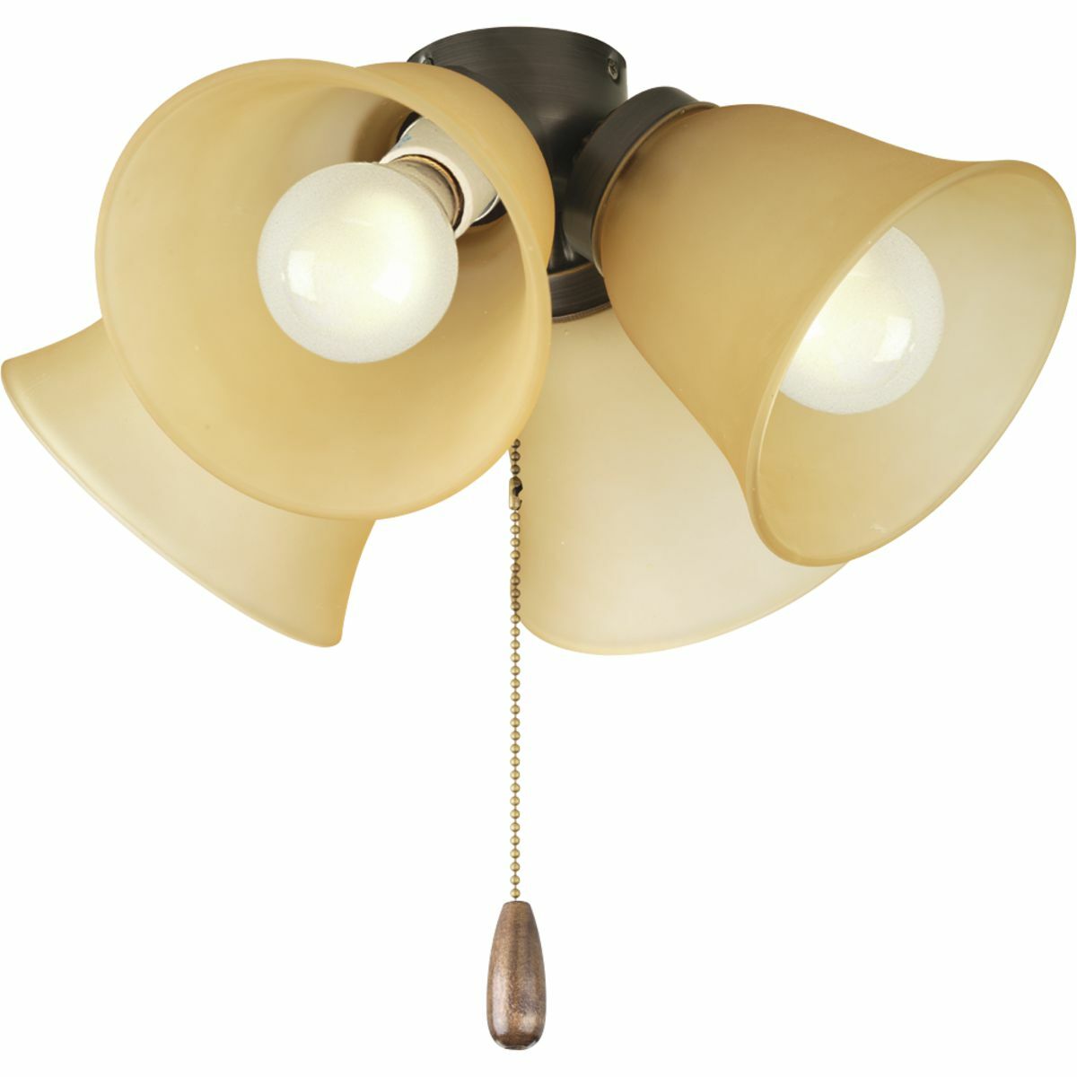 Four-light universal fan light kit features etched Light Topaz glass shades beautiful in design. Antique Bronze finish corresponds with an Antique Brass pull-chain and medium oak fob. Universal style for use with fans that accept an accessory light comes with quick-connect wiring. Includes four 3000K, 800 lumen each (source), Title 24 certified LED bulbs.
