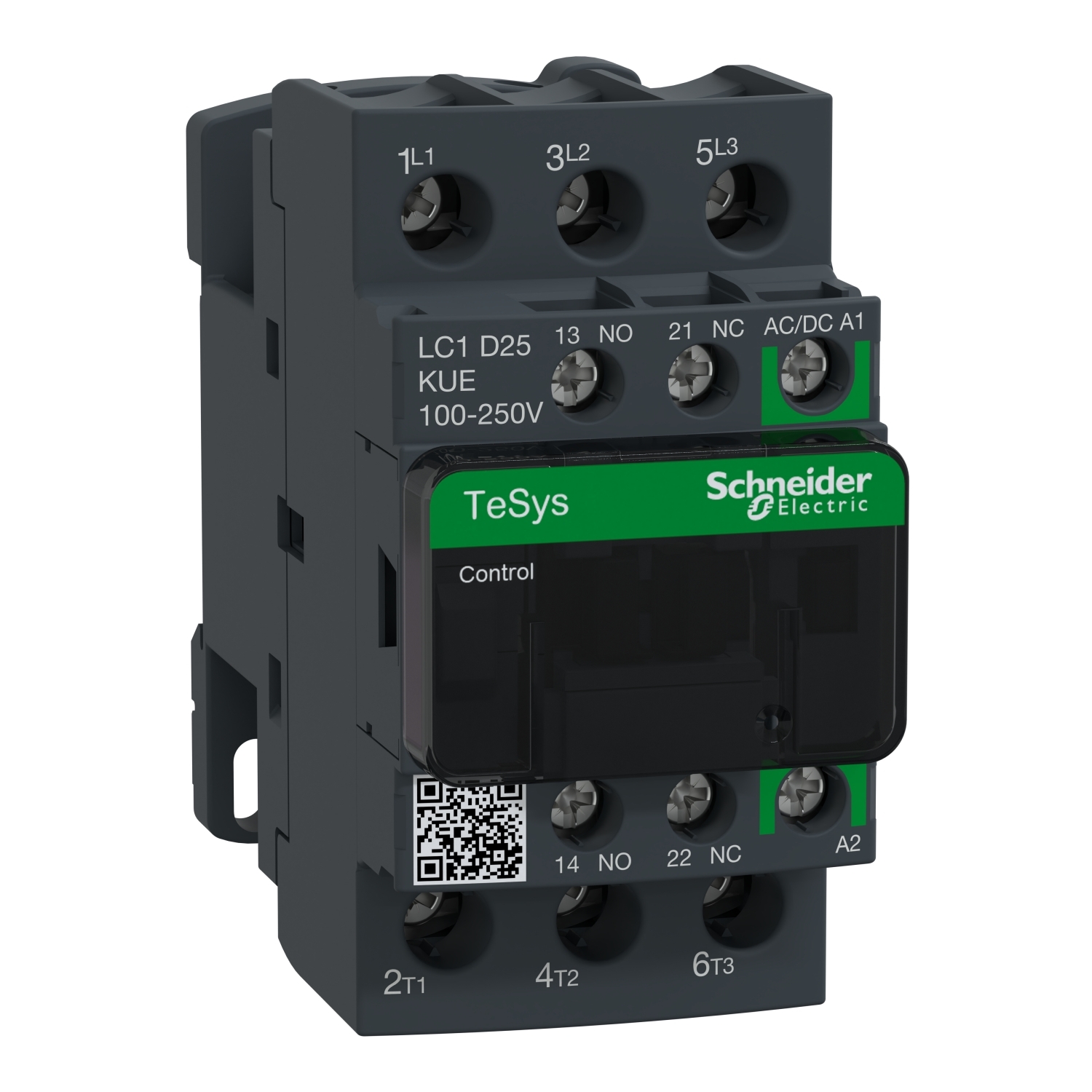 IEC contactor, TeSys Deca, nonreversing, 25A, 15HP at 480VAC, up to 100kA SCCR, 3 phase, 3 NO, 100/250VAC/VDC coil