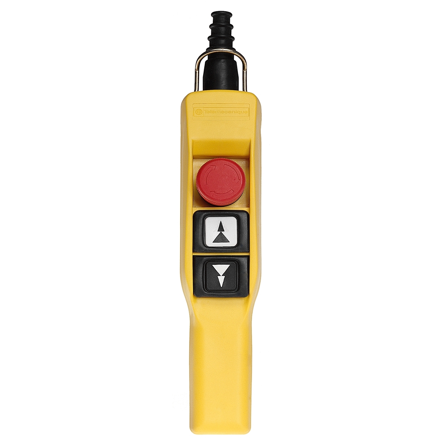 Pendant control station, Harmony XAC, plastic, yellow, pistol grip, 2 booted push buttons with 2NO, 1 emergency stop NC