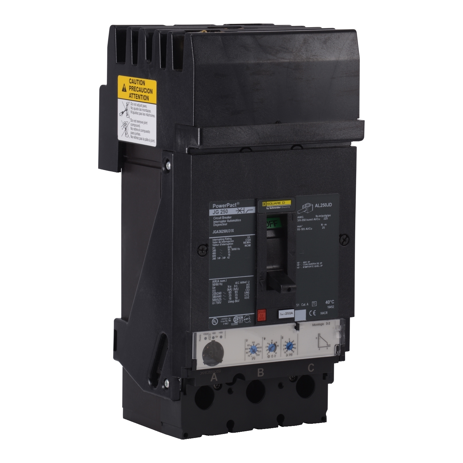 Circuit breaker, PowerPacT J, 250A, 3 pole, 480VAC, 35kA, I-Line, Micrologic 3.2, 80%, ABC, mission critical