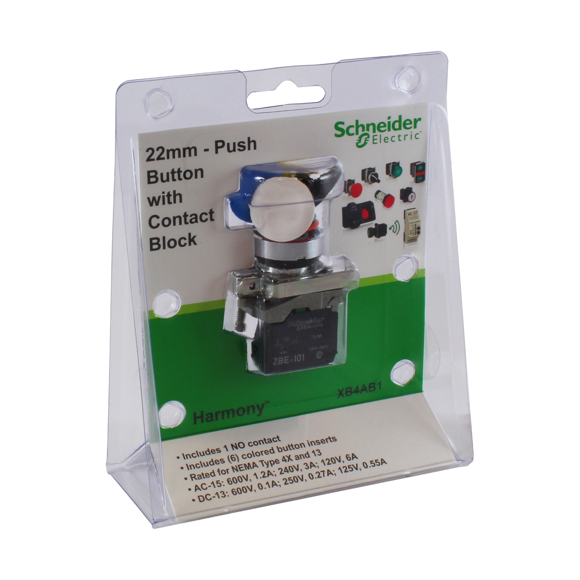 Push button, Harmony XB4, 22 mm pushbutton kit head + contact block + 6 color caps