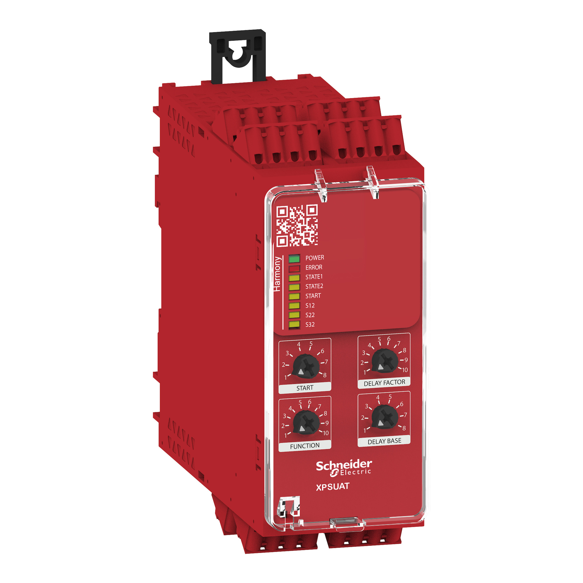 safety module, Harmony XPSU, Cat4, features XPSUAK with delayed outputs, 24V AC or DC, spring