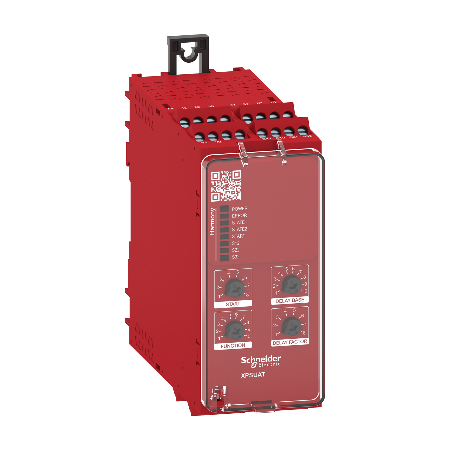 safety module, Harmony XPSU, Cat4, features XPSUAK with delayed outputs, 48 to 240V AC or DC, screw